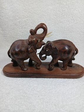 Hand-Carved Brown Wooden Fighting Elephants Figurine Pair